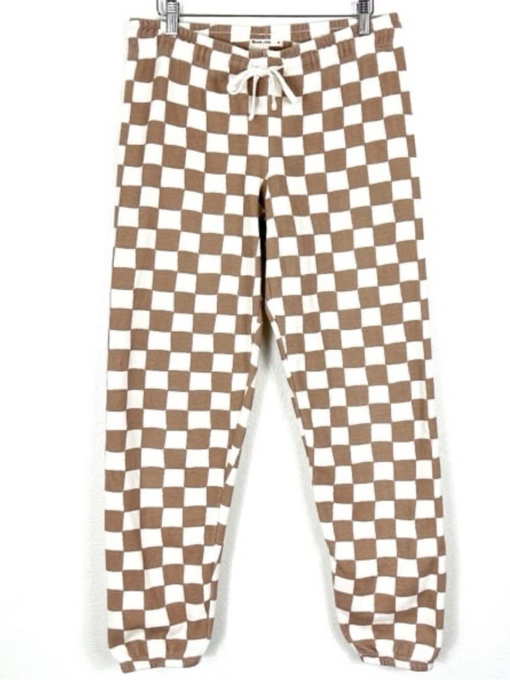Marine Layer Anytime check board print cotton sweat pants joggers tan brown SZ M
